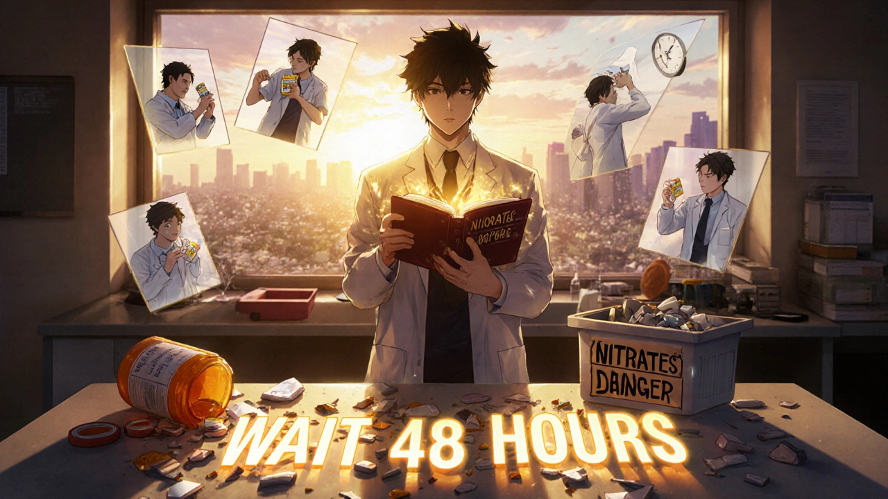 A doctor holds a protective guidebook as patients safely avoid dangerous drug mixes.