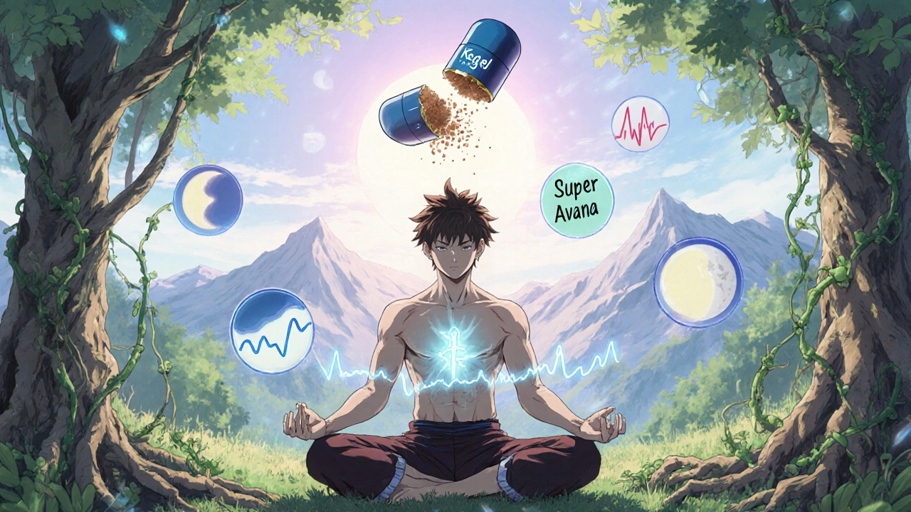 A man meditating in nature, surrounded by symbols of healthy lifestyle choices replacing a broken pill.