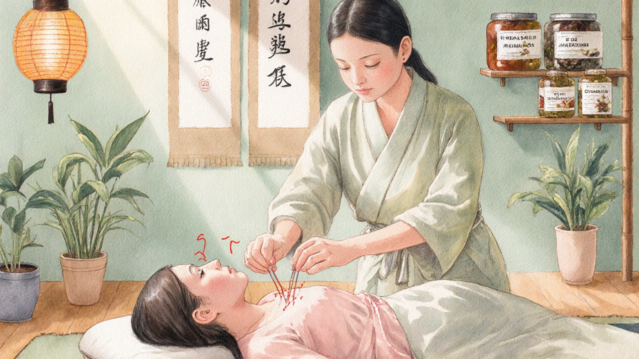 Acupuncture session with practitioner inserting needles and herb jars nearby.