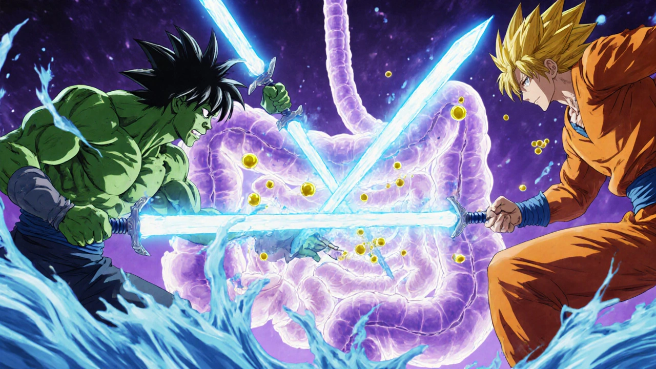 Animated gut scene where lactulose swords battle ammonia monsters in the colon.