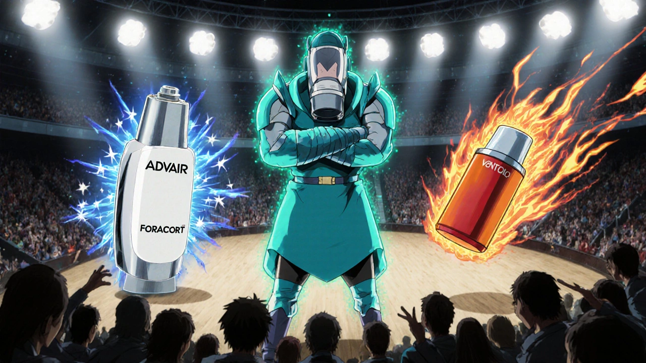 Anime showdown with inhaler characters personified, each glowing to represent different asthma meds.