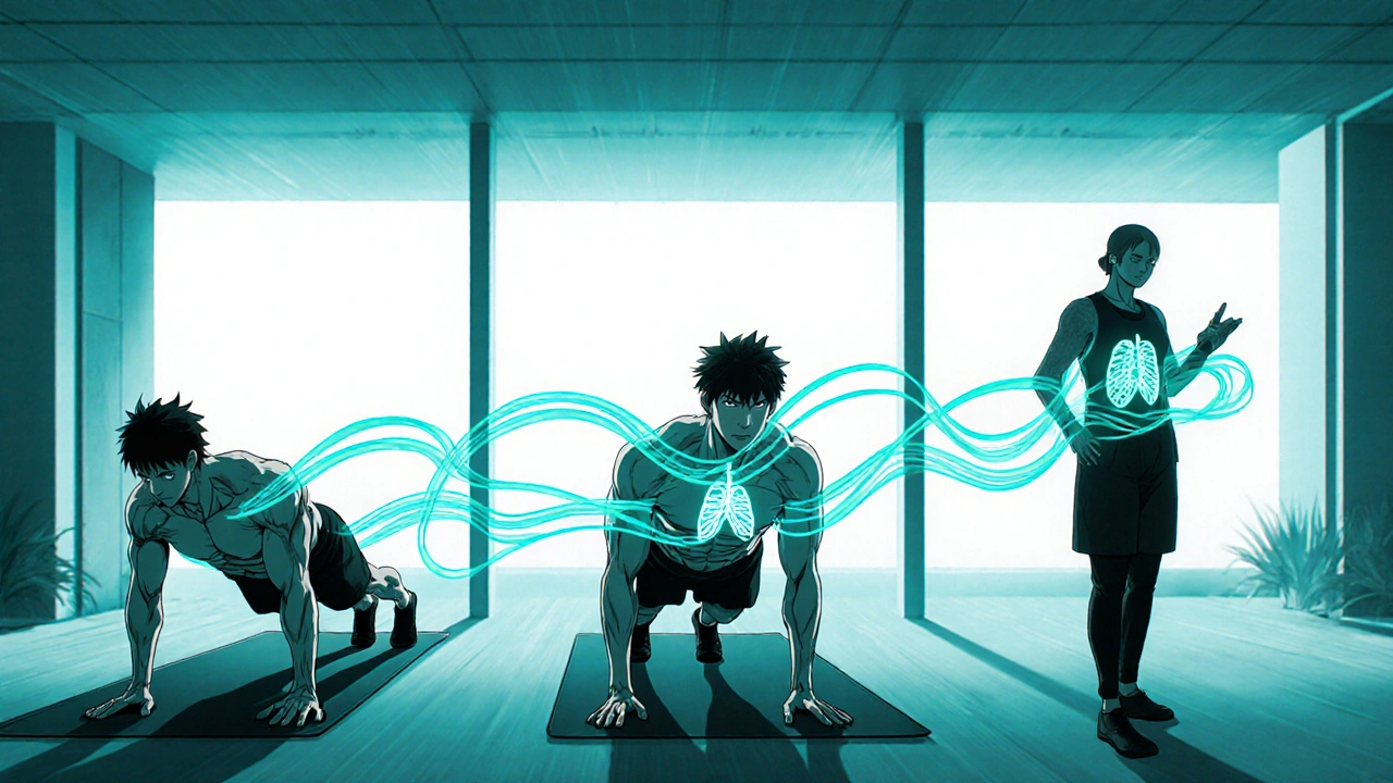 Athlete performing plank, dead‑bug, and hip bridge, coach illustrating breathing.