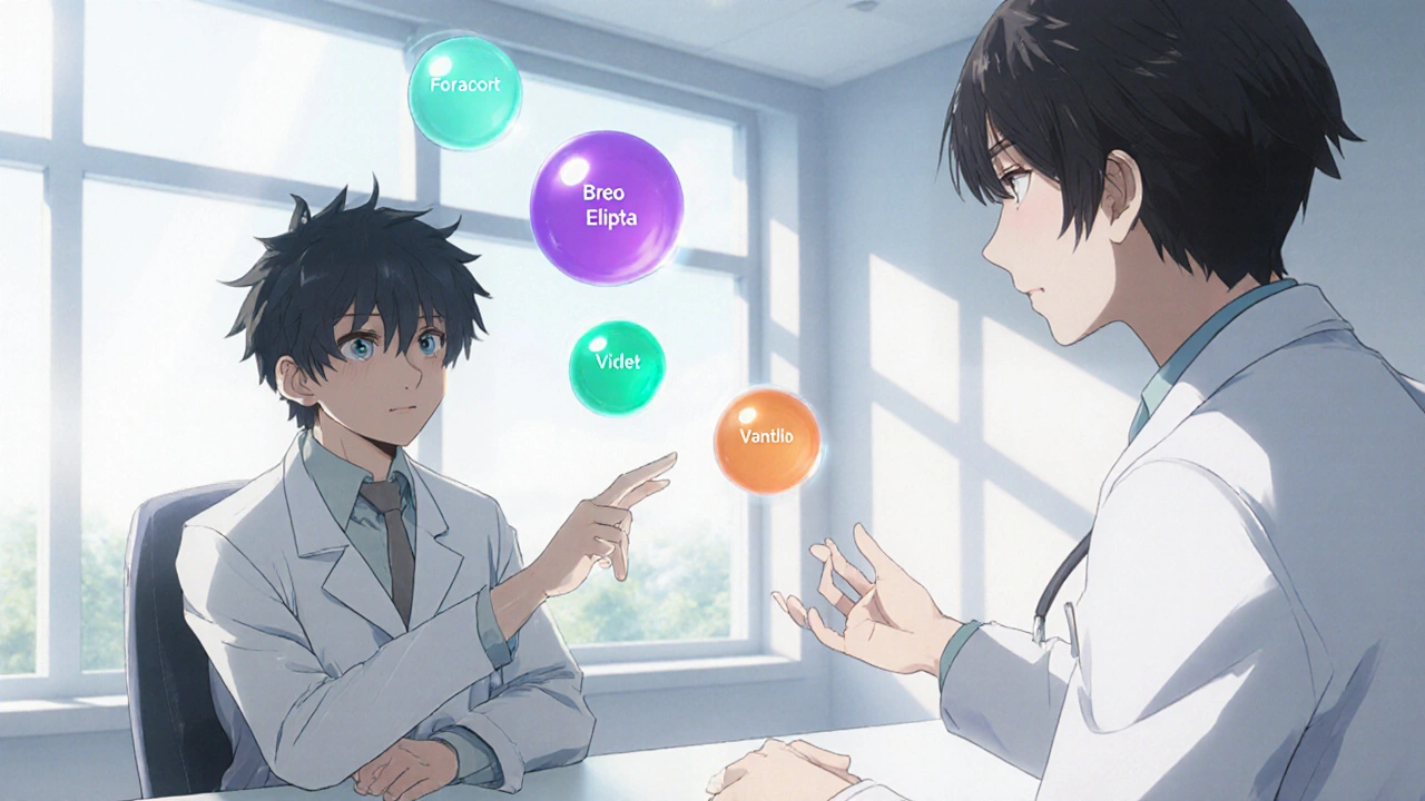 Clinic scene with teen and doctor, floating colored orbs above the table symbolizing inhaler choices.