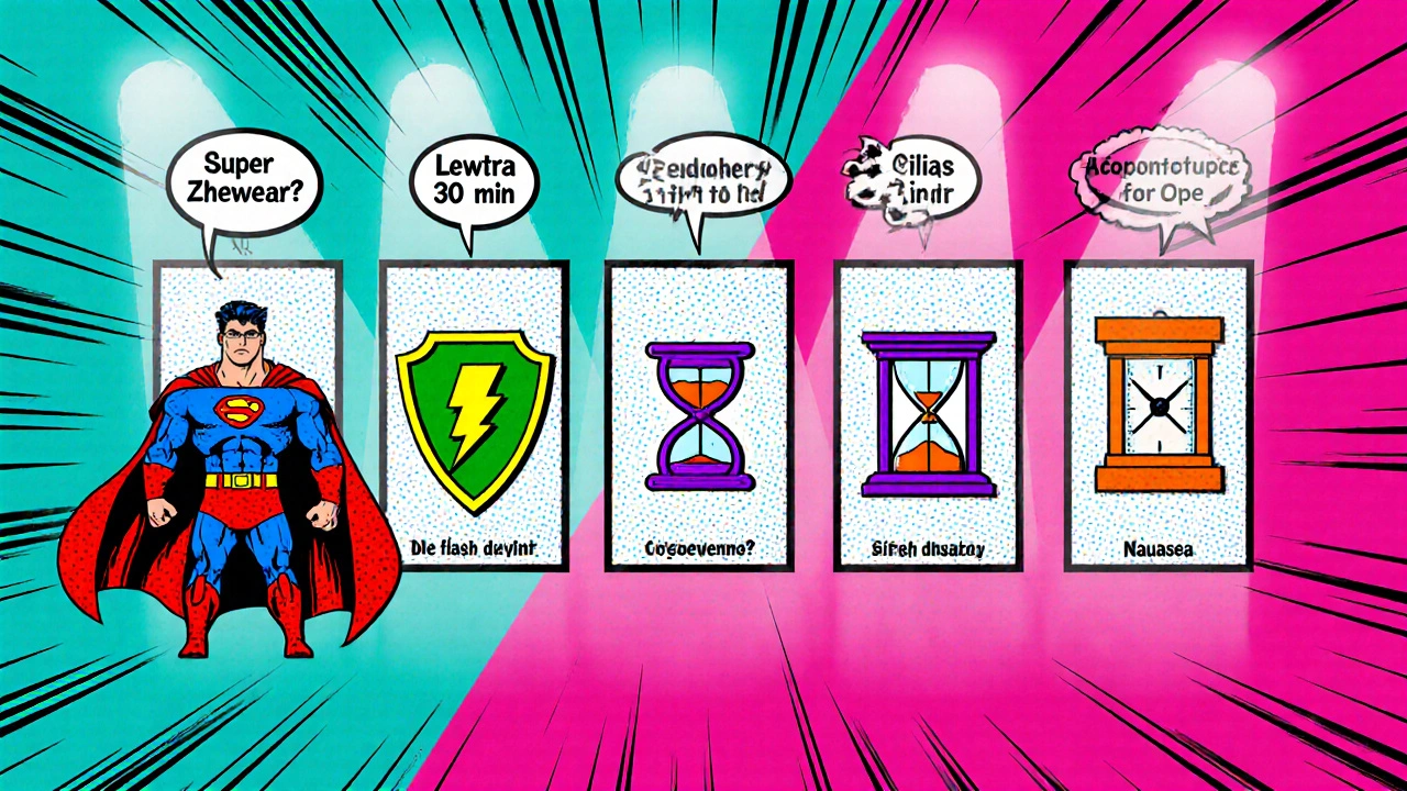 Comic panel lineup comparing Super Zhewitra, Levitra, Viagra, Cialis, Dapoxetine.