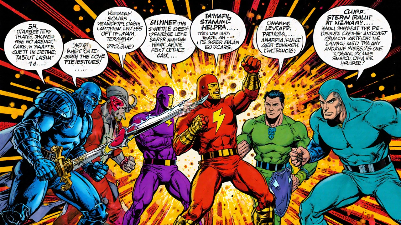 Comic showdown of six ED medication characters displaying their traits.