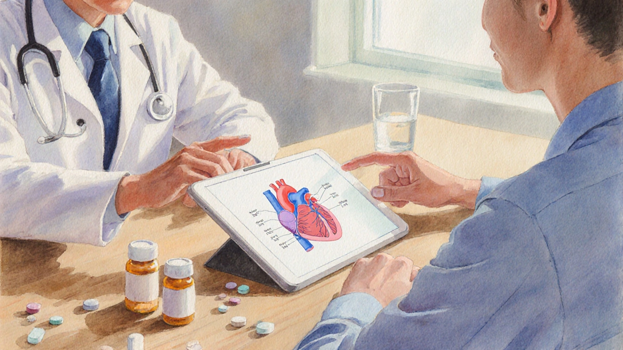 Doctor and patient discussing medication with pill bottles on the desk.