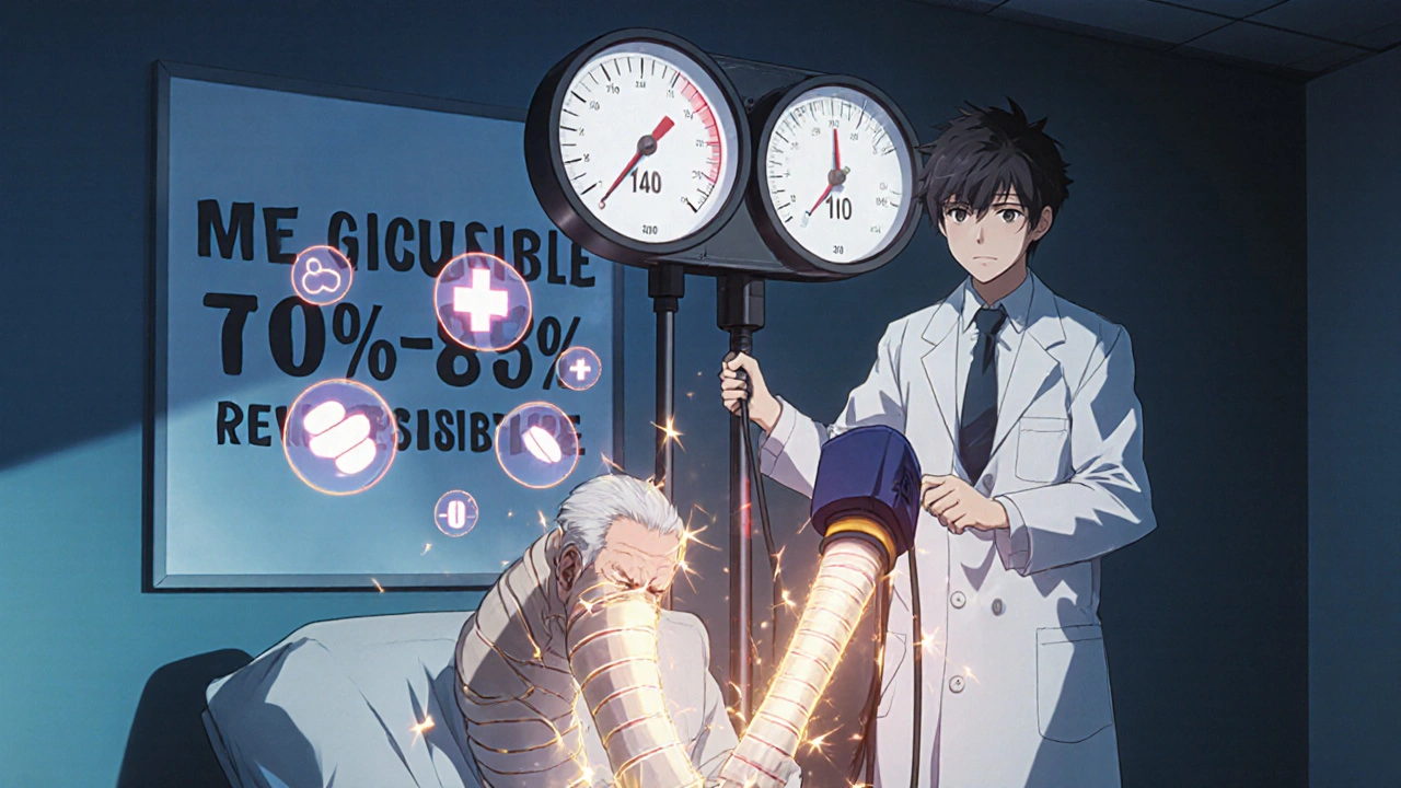 Doctor checking blood pressure as pressure gauges plummet, patient with glowing compression socks