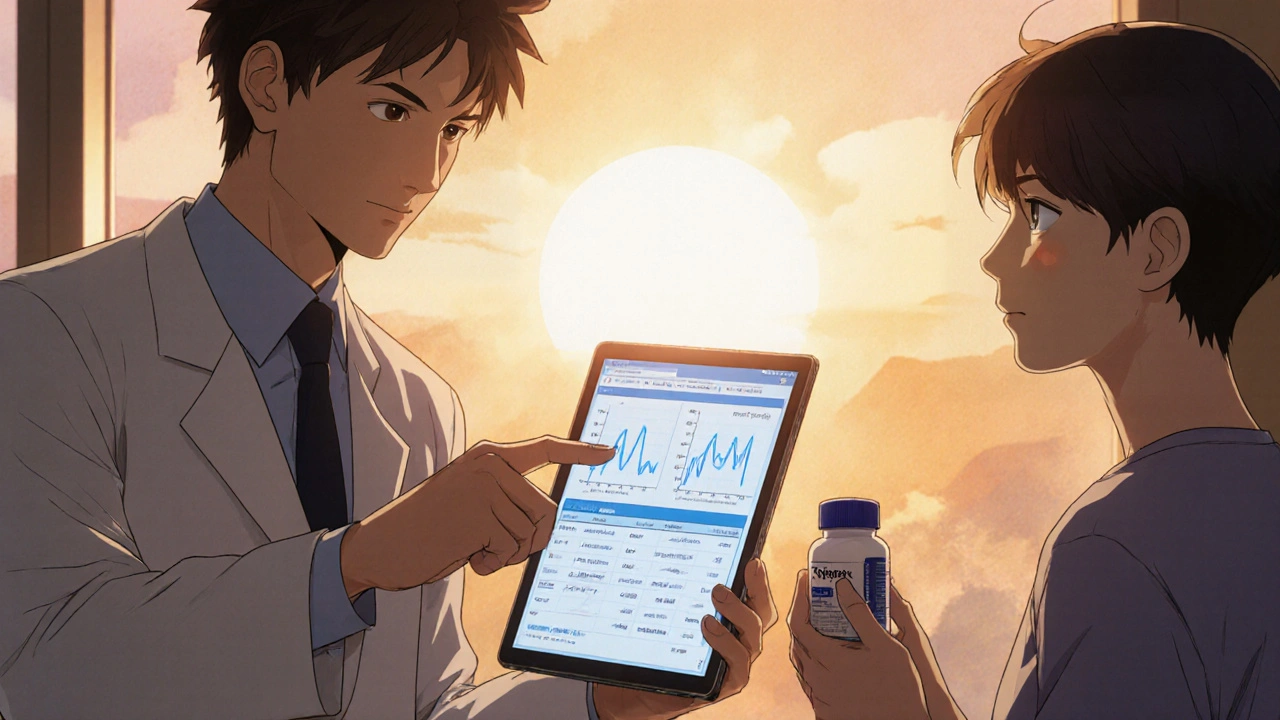 Doctor consulting patient, showing digital kidney function chart and Topamax bottle.