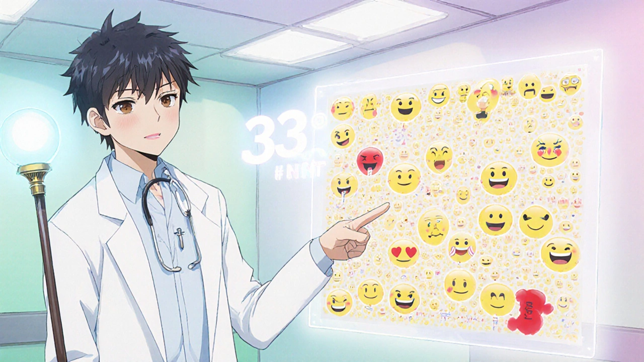 Doctor points to an icon array showing 3 out of 100 side‑effect cases with NNT 33.