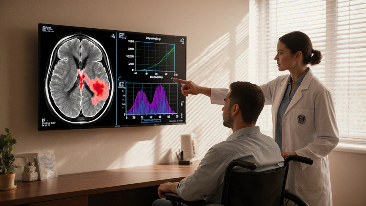 Doctor reviewing MRI and urodynamic graph with patient in clinic.