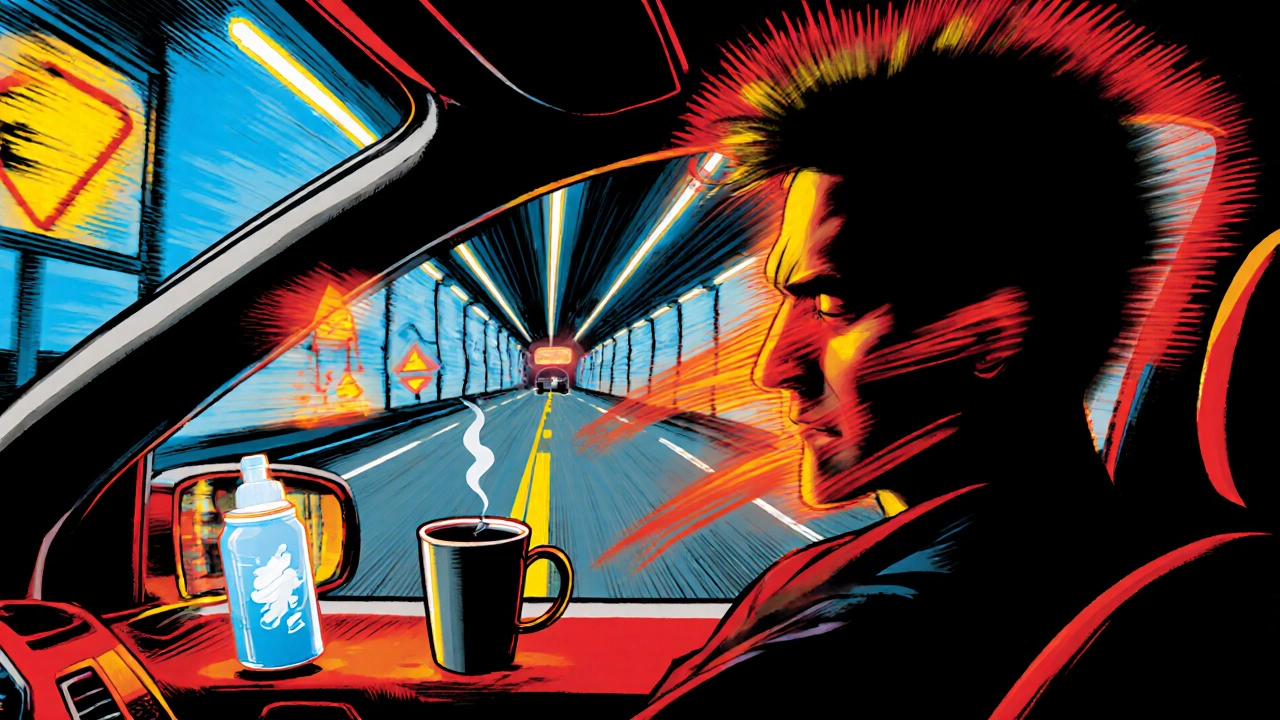 Driver experiencing microsleep in a car, surrounded by ghostly coffee and energy drink, comic action panel.