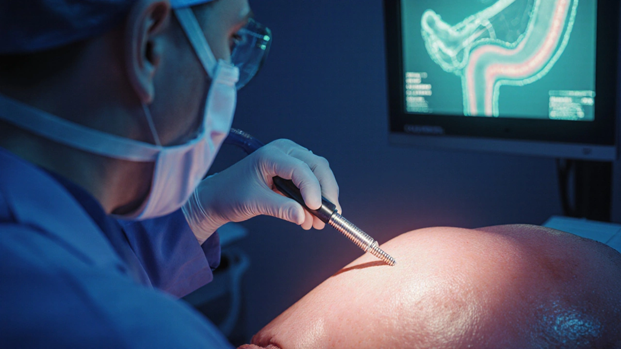 Endoscopist placing a stent in a pancreatic duct during ERCP.