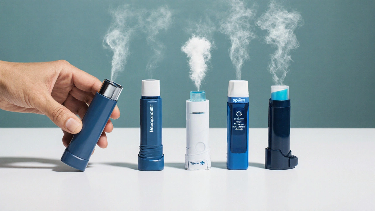 Five inhalers displayed on a surface, mist visible from soft‑mist devices, powder puff from DPI.