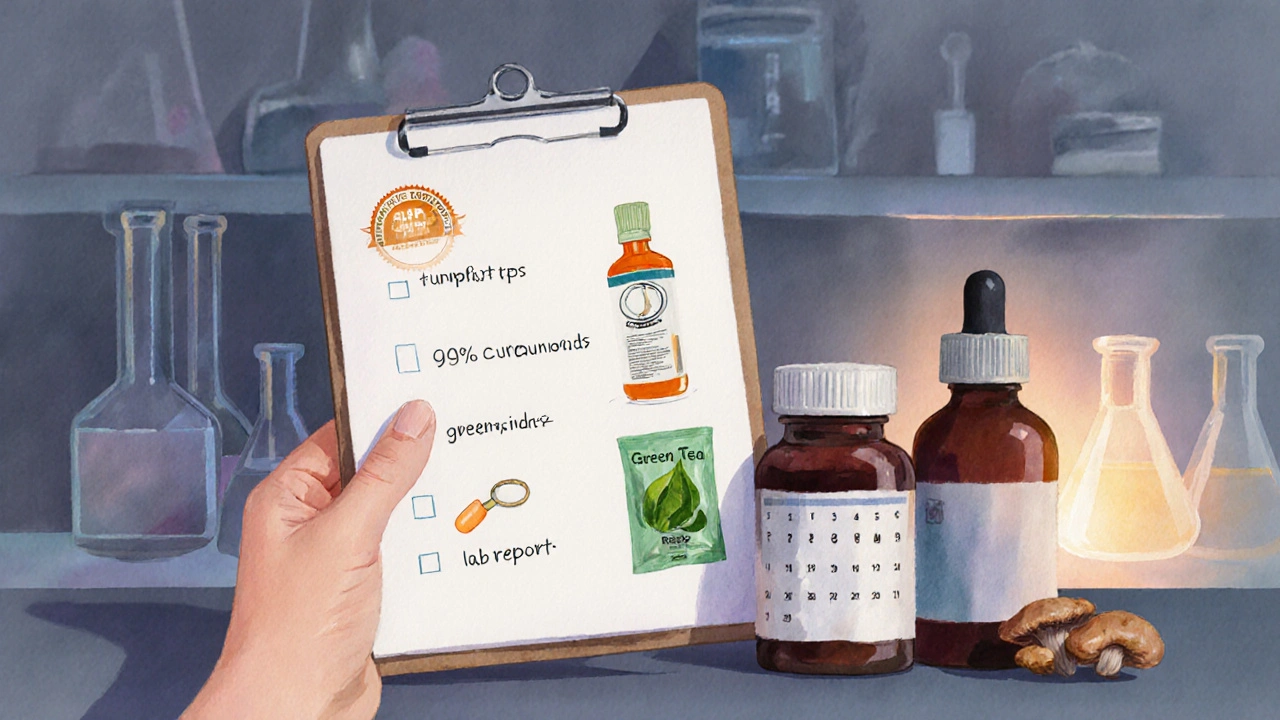 Hand holding a checklist beside standardized turmeric, green‑tea, and reishi supplement bottles.