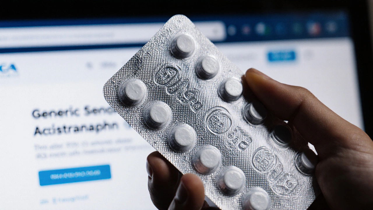 Hand holding acetaminophen blister pack with TGA seal and website info in background.