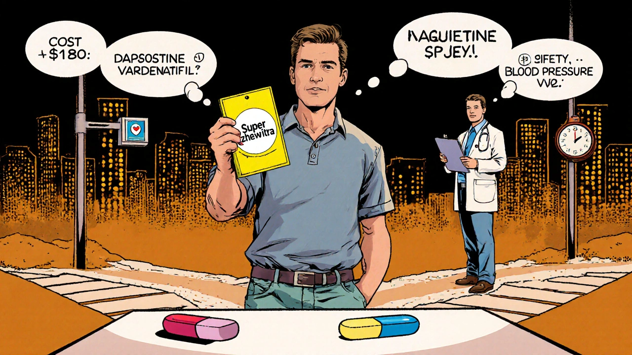 Man choosing Super Zhewitra tablet versus separate pills with doctor advice.