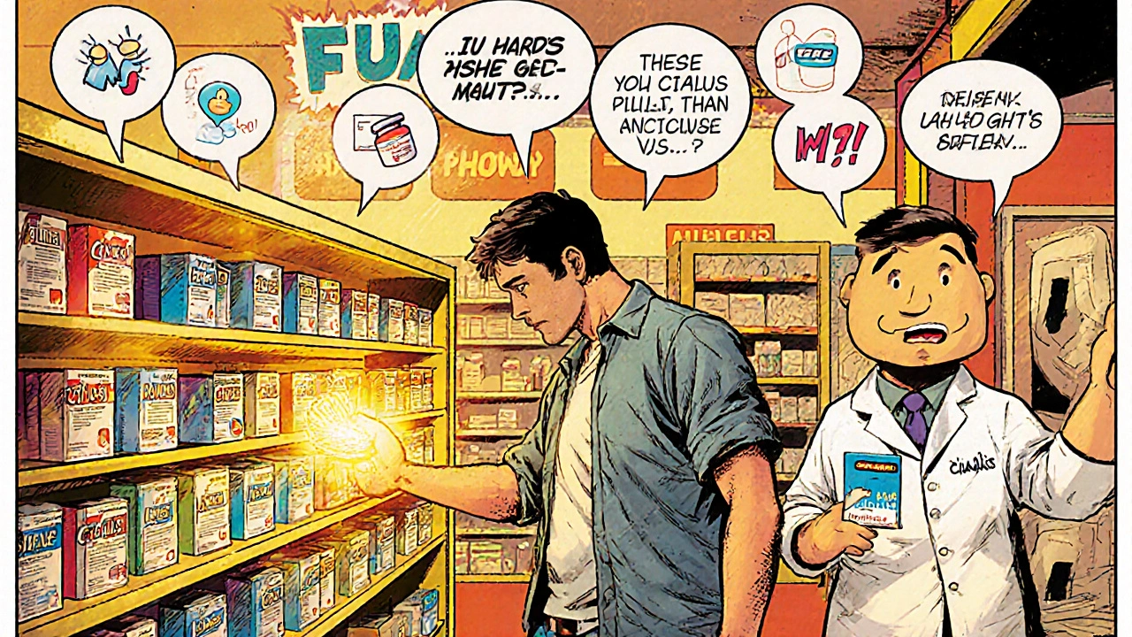 Man in a pharmacy choosing low‑dose Cialis, with thought bubbles about lifestyle.