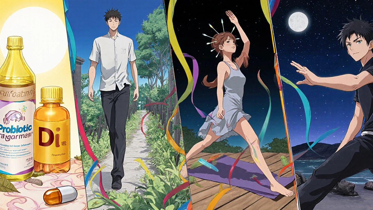 Montage of the protagonist's weekly health routine with supplements and activities.