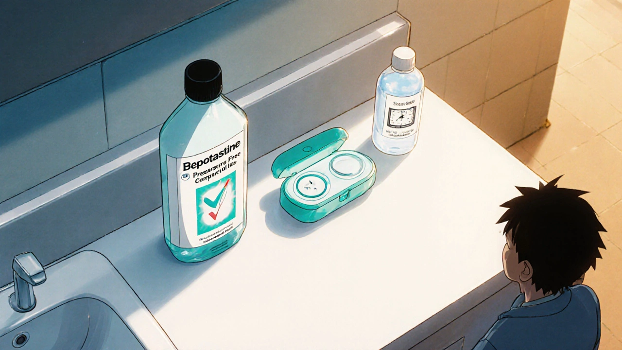 Overhead view of bepotastine bottle, lens case, timer, and saline bottle as a safety checklist.