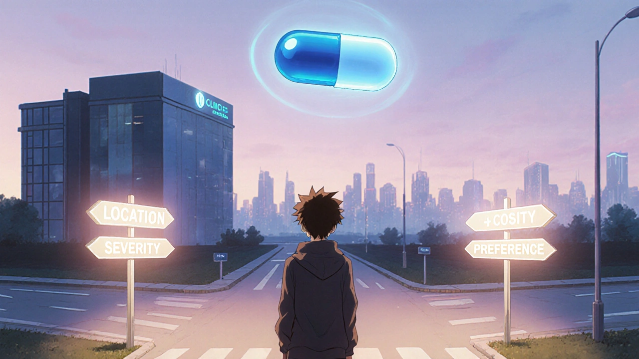 Patient at crossroads with signposts for factors and a glowing future tablet in the skyline.