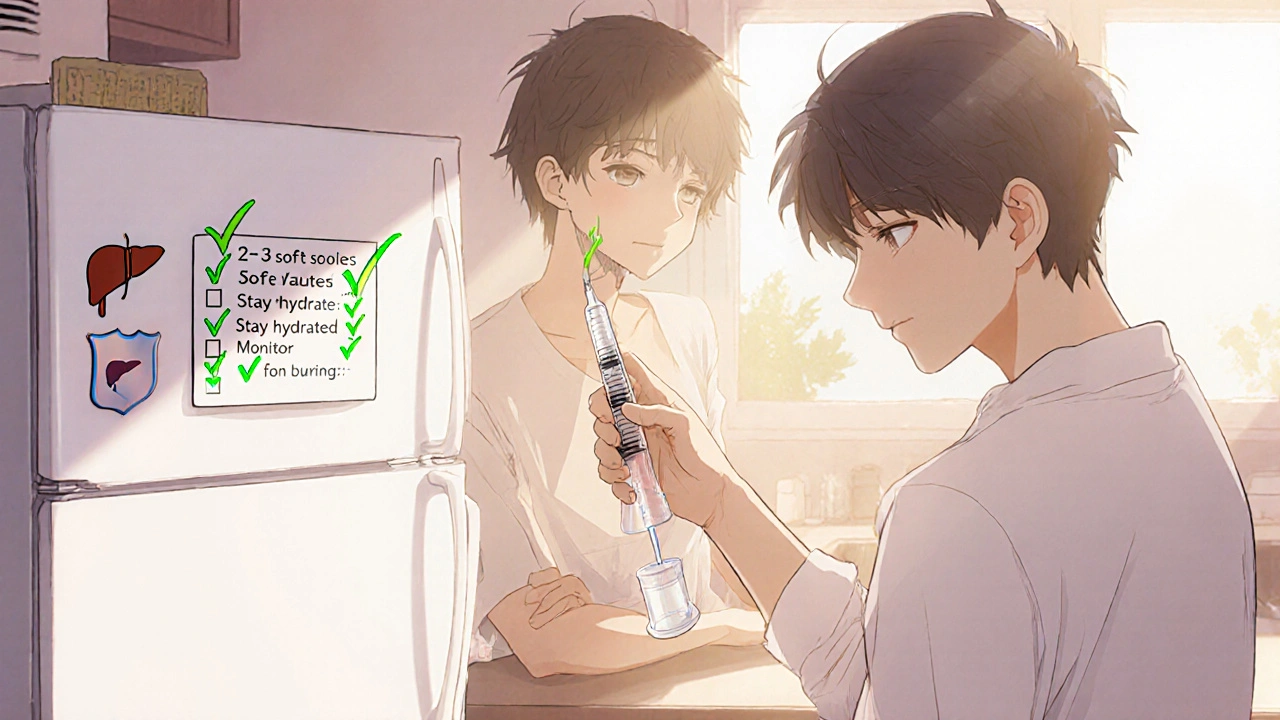 Patient measures lactulose dose with syringe, checklist nearby, bright hopeful setting.