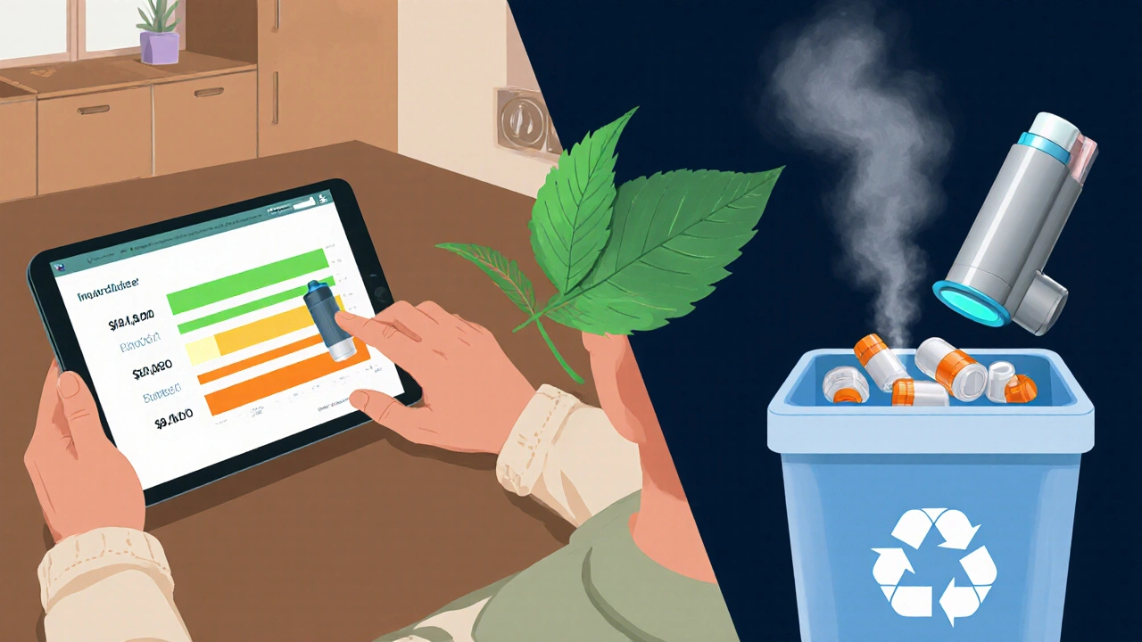 Patient reviewing inhaler cost on a tablet, recycling inhaler cartridges, glowing digital inhaler nearby.