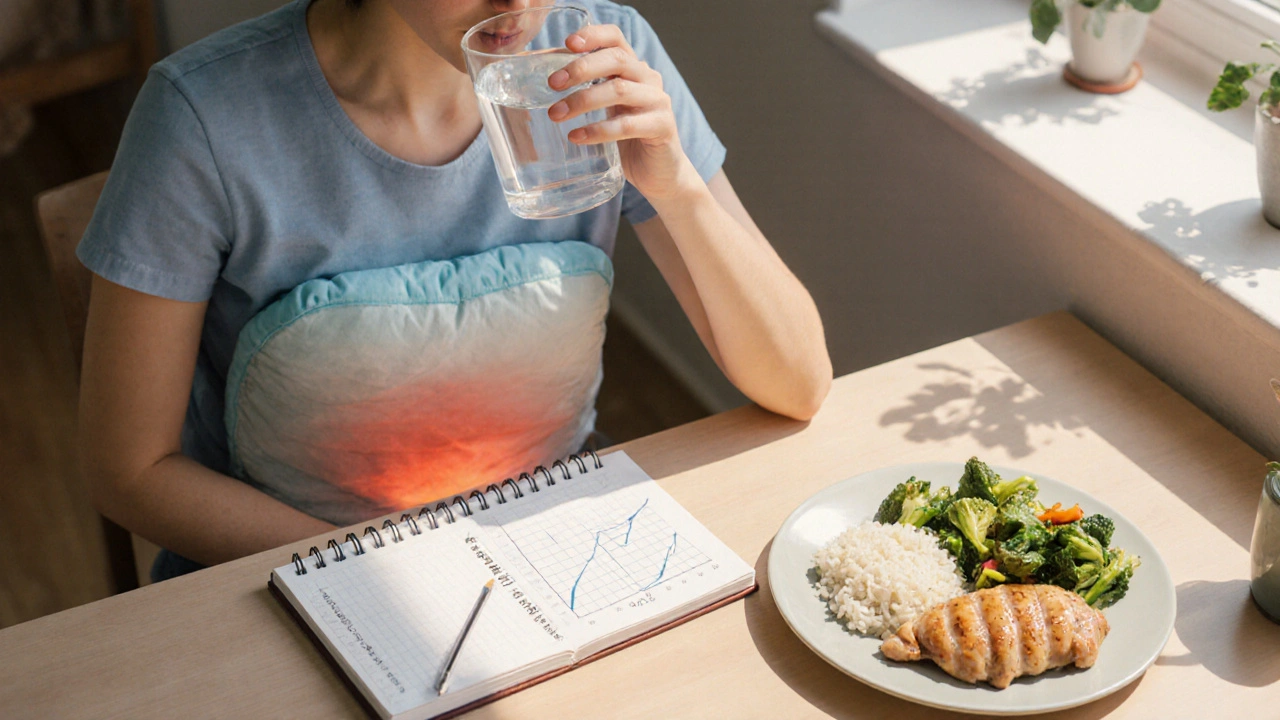 Person drinking water, using a warm pack, and eating a low‑fat meal while tracking pain.