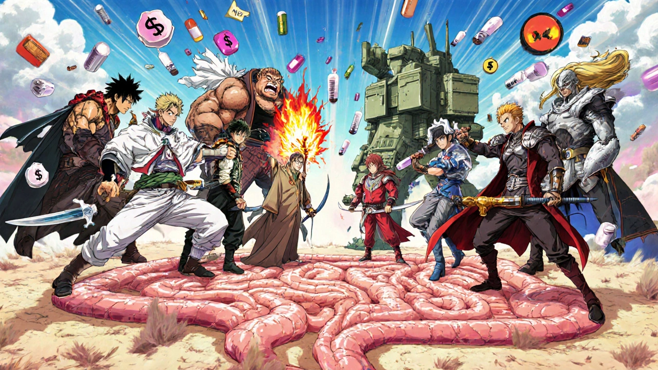 Personified drug characters battling on a gut-shaped battlefield with icons floating.