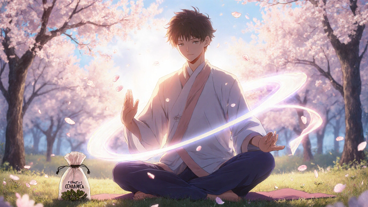 Protagonist practicing yoga and tai chi in a park with cherry blossoms.