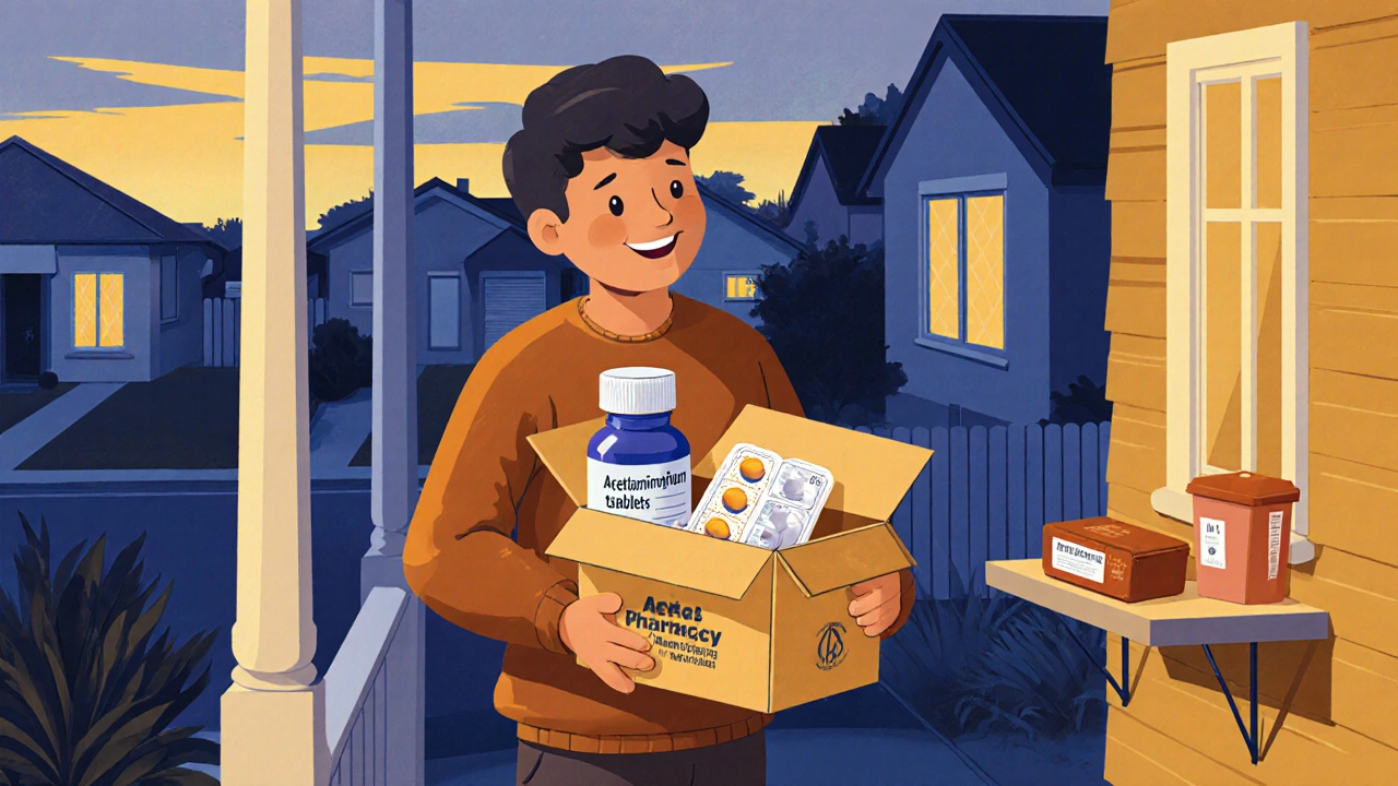 Recipient opening delivery box of acetaminophen on porch, storing it safely at home.