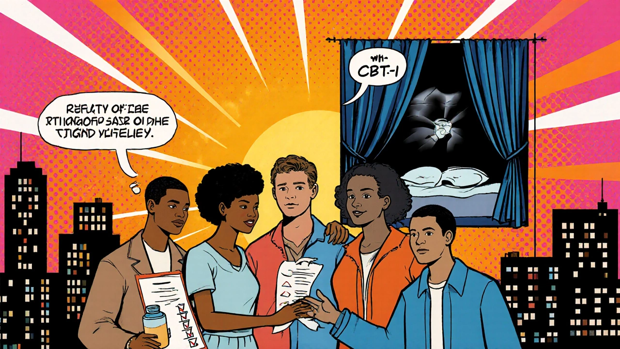 Rooftop group under sunrise representing recovery, medication, and sleep hygiene in pop‑art comic style.