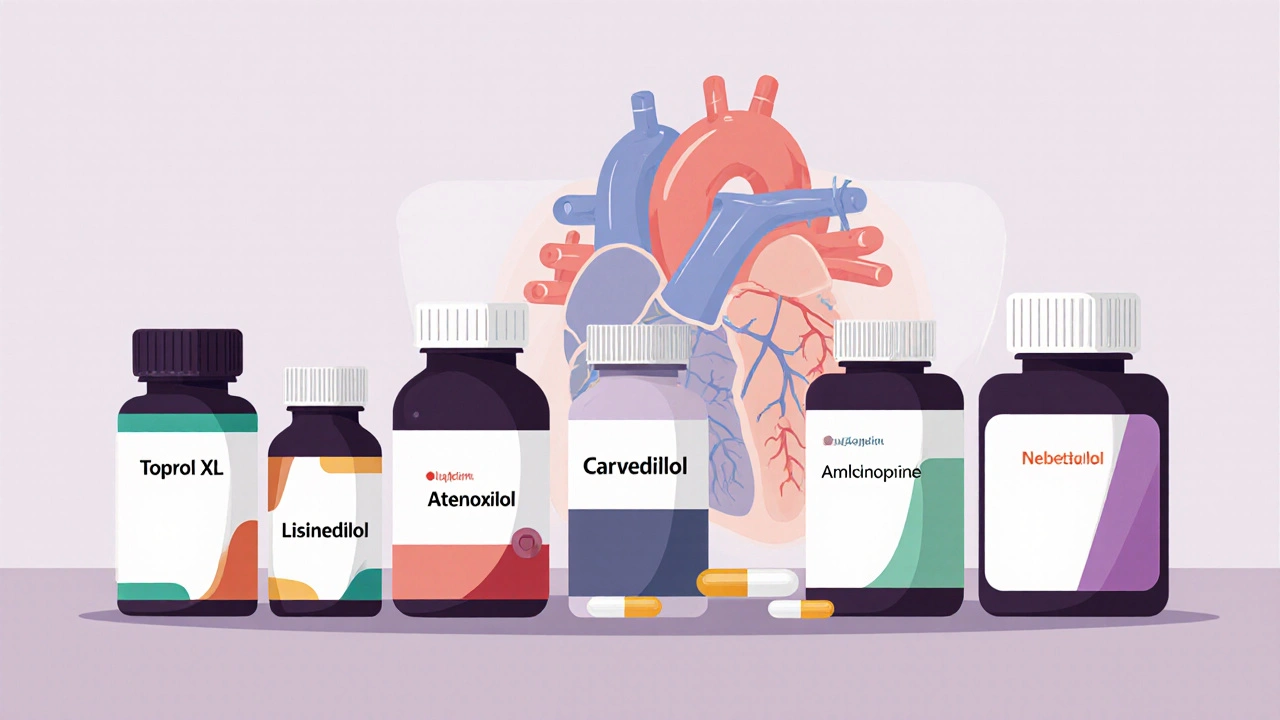 Row of colorful pill bottles with a faint heart shape in the background.
