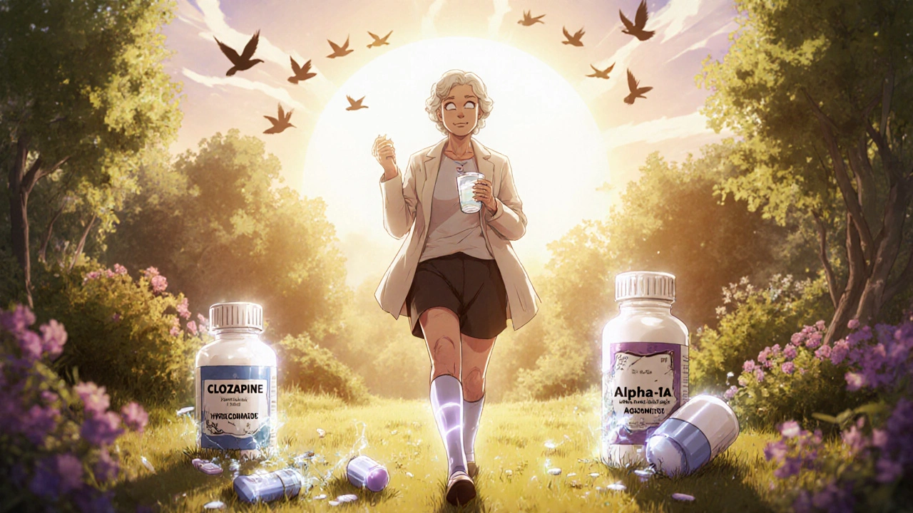 Senior woman walking confidently in garden, broken meds behind her, new medicine rising like sun