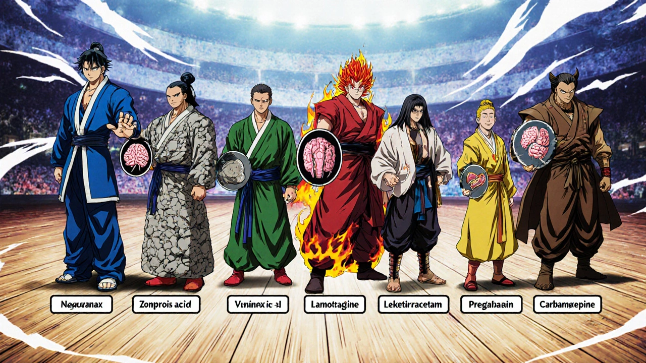 Seven anime characters representing different antiepileptic drugs, each with distinctive symbols.