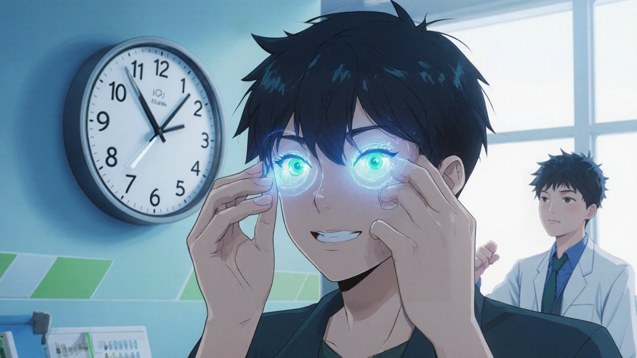 Smiling teen with clear eyes wearing silicone hydrogel lenses, glowing oxygen aura, and a clock.