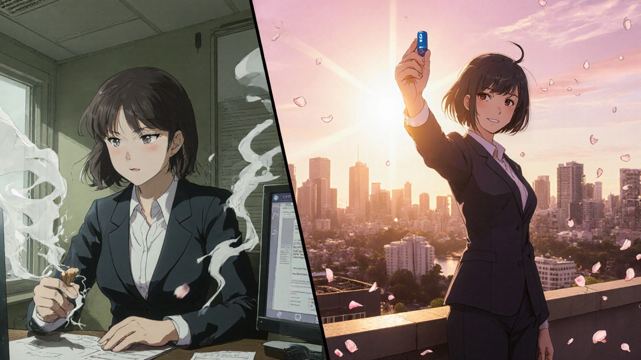 Split scene of Jane stressed with a cigarette, then triumphant holding Zyban on a rooftop.