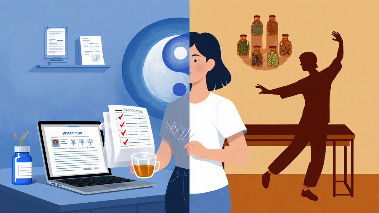 Split scene of modern doctor office and TCM clinic linked by yin‑yang symbol.