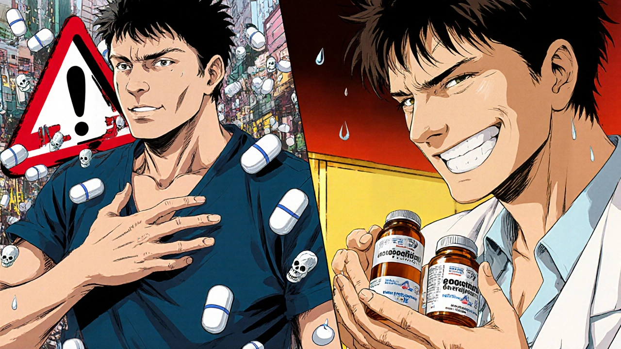 Split scene: one side shows dangerous counterfeit pills, the other safe prescribed medications with a doctor.