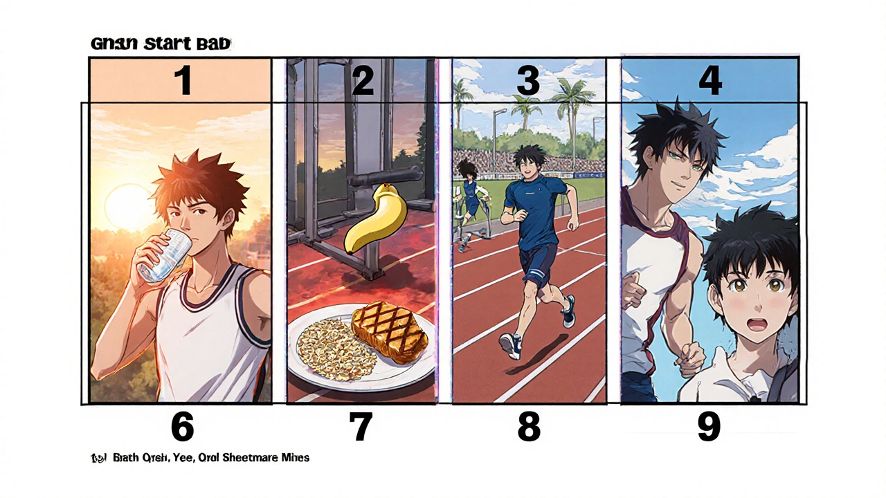 Storyboard of athlete's day: water, breakfast, core workout, race, post‑meal.