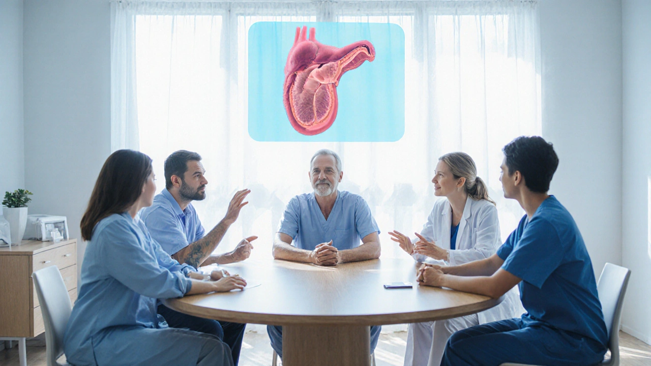 Team of doctors and therapist around a table with patient, viewing a glowing adrenal gland model.