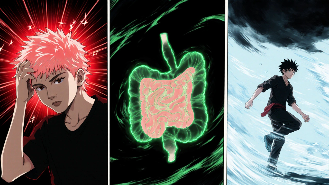 Teen experiencing headache, stomach upset, and dizziness in split panels with color cues.