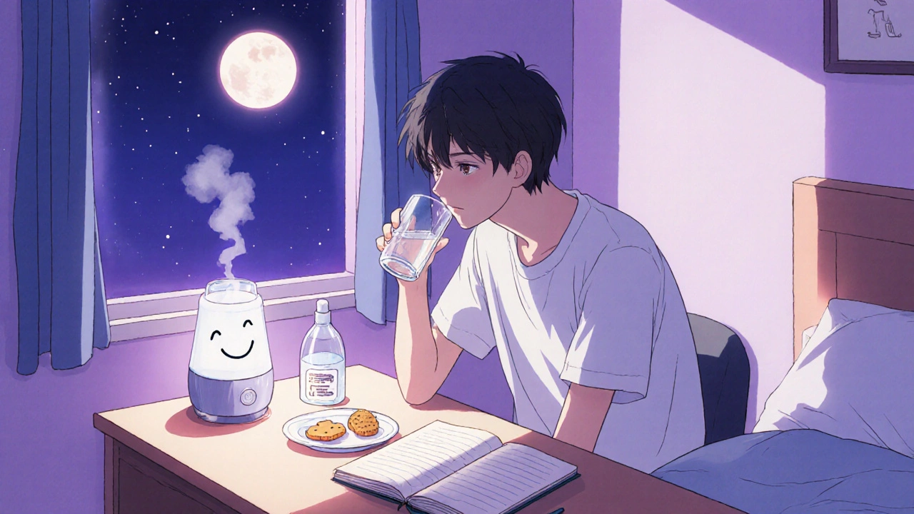Teen managing side effects: drinking water, snack, humidifier, journal, calm bedroom at twilight.