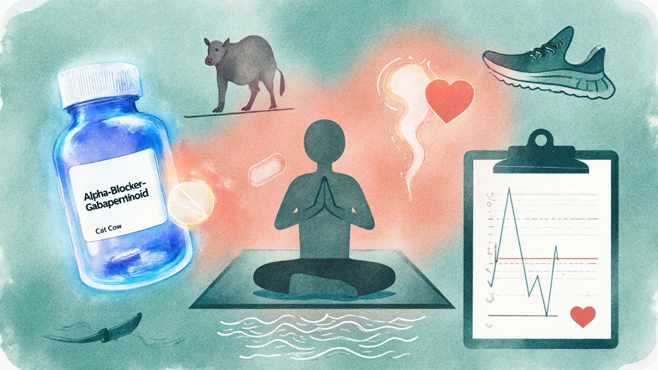 Watercolor collage of medication capsules, yoga pose, walking, swimming, heat pack, and pain diary icons.