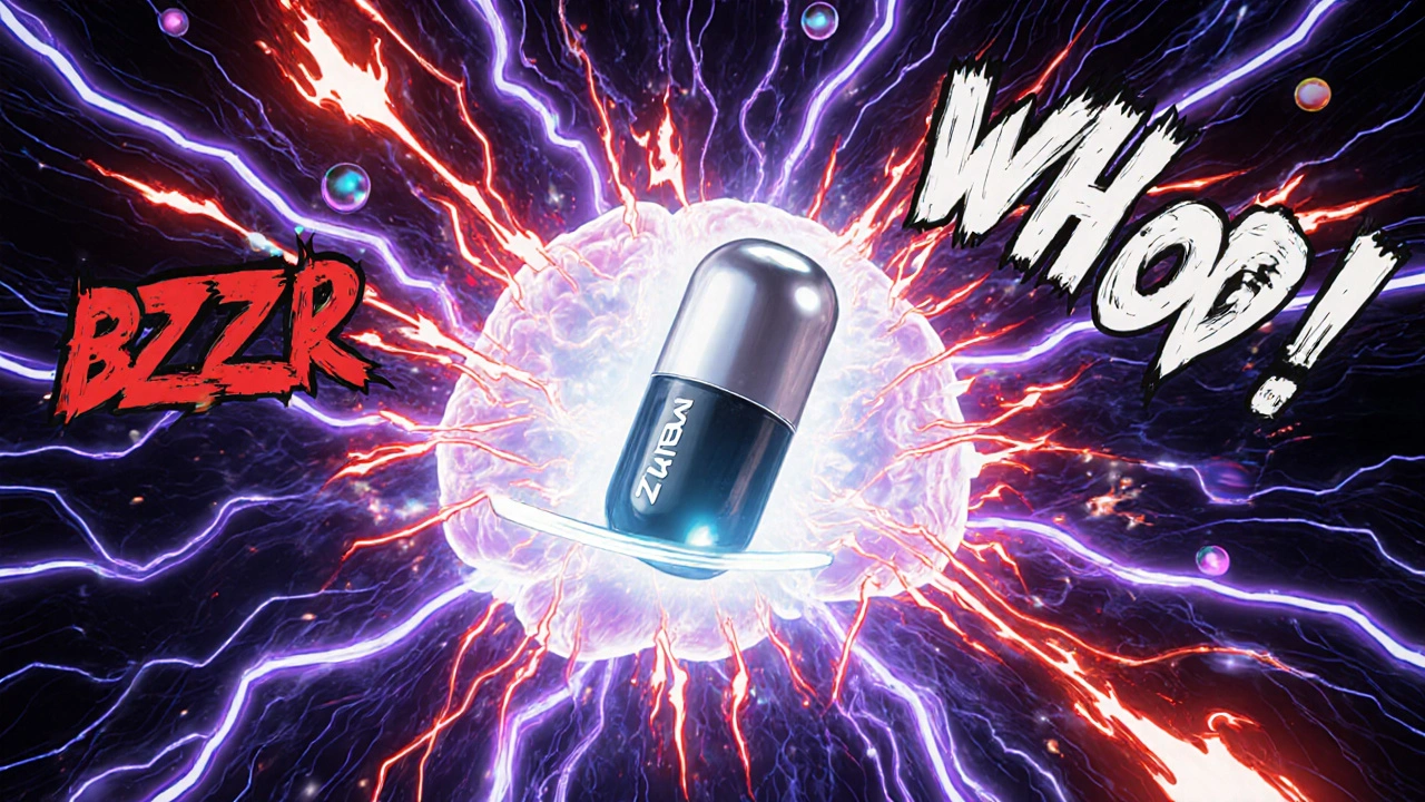 Zyban pill as a warrior battles red nicotine spikes inside a glowing brain arena.