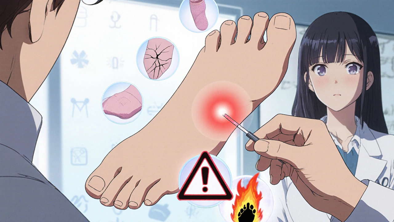 A doctor&#039;s hand testing foot sensation with a monofilament, surrounded by symbolic warnings of foot damage.