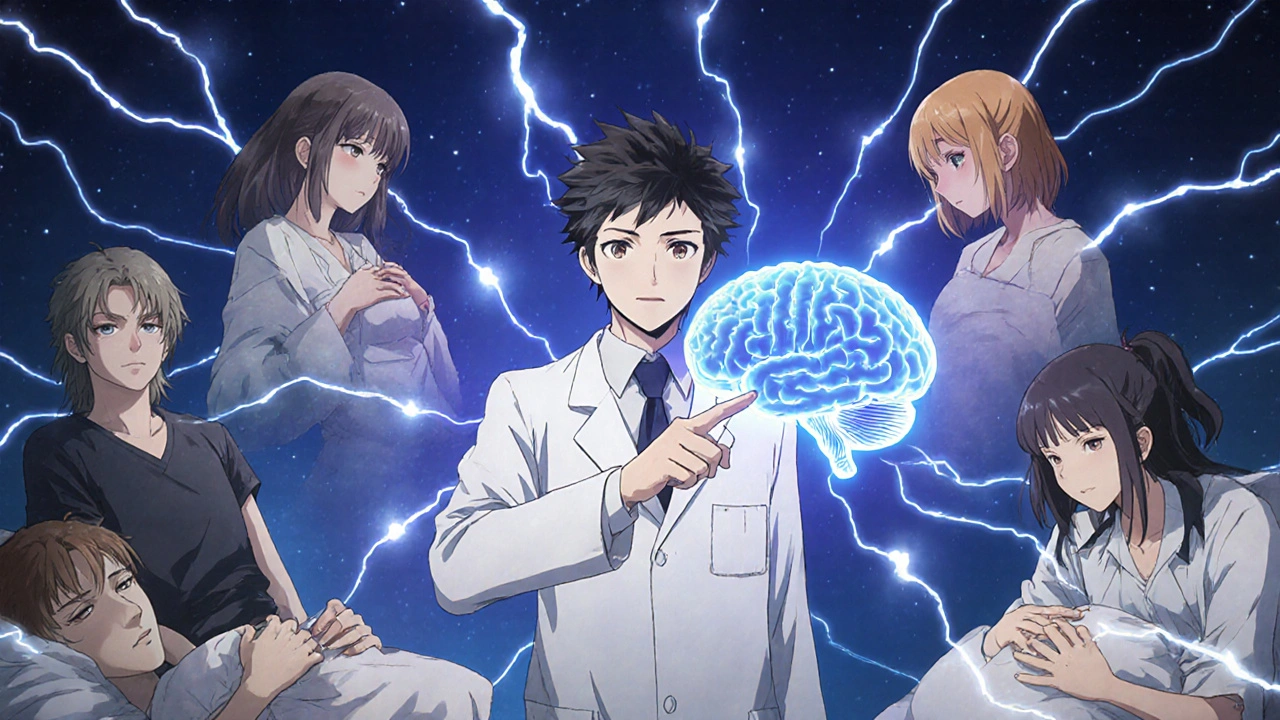 A doctor explaining a holographic brain model to patients, with glowing neural pathways showing how pramipexole works.