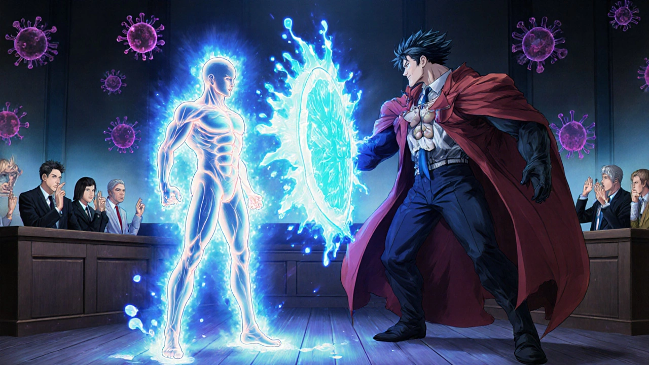 A drug molecule defending cells against a monstrous NRF2 villain inside the body.