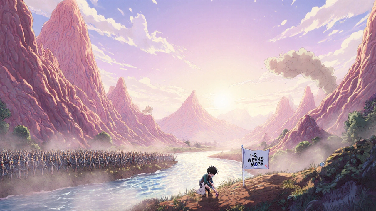 A glowing gut landscape with healthy microbes flourishing after antibiotic treatment ends.