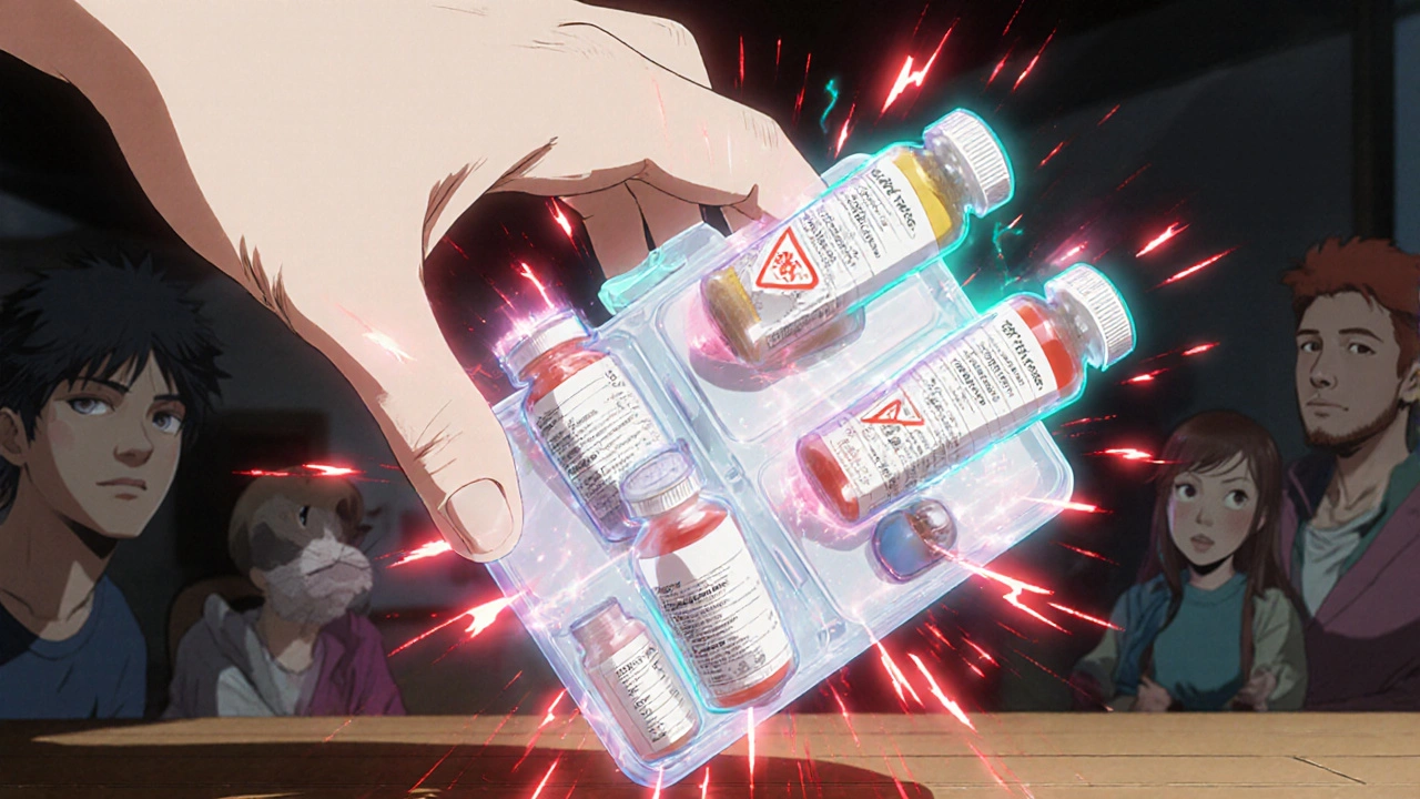 A hand slams a pill organizer as holographic medication labels clash and reform into a perfect list, with warning glyphs glowing above.