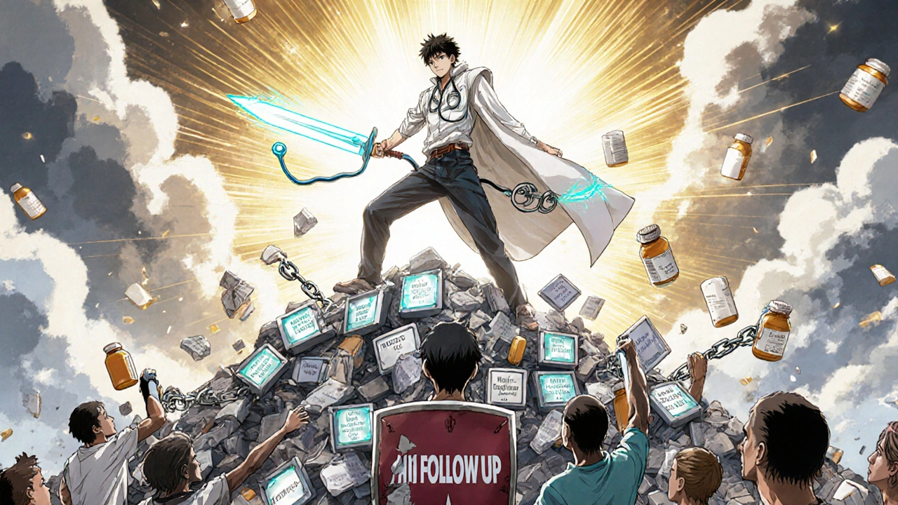 A heroic pharmacist fights fragmented health systems with a stethoscope-sword, freeing patients from chains of missed care.